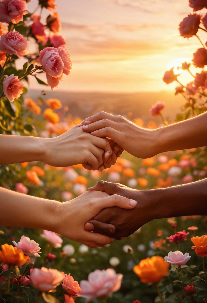 A close-up of a couple holding hands, surrounded by blooming flowers symbolizing growth and connection. In the background, a soft sunset casts a warm glow, highlighting their joyful expressions. Include subtle elements like intertwined hearts or love notes scattered around to symbolize cherished moments. The overall atmosphere should evoke warmth, intimacy, and romance. super-realistic. vibrant colors. warm tones.