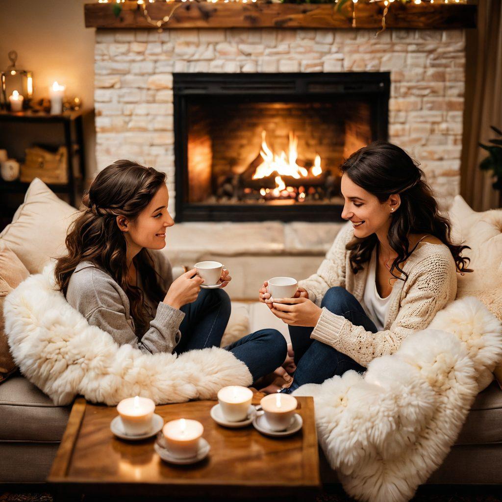 A warm, intimate setting featuring a couple sitting close on a cozy couch, surrounded by soft lighting and plush cushions, sharing a heartfelt conversation. Include elements like hands intertwined, a softly glowing fireplace in the background, and a small table with tea cups, symbolizing connection and love. Focus on their expressions of joy and vulnerability. romantic atmosphere. soft focus. warm colors.