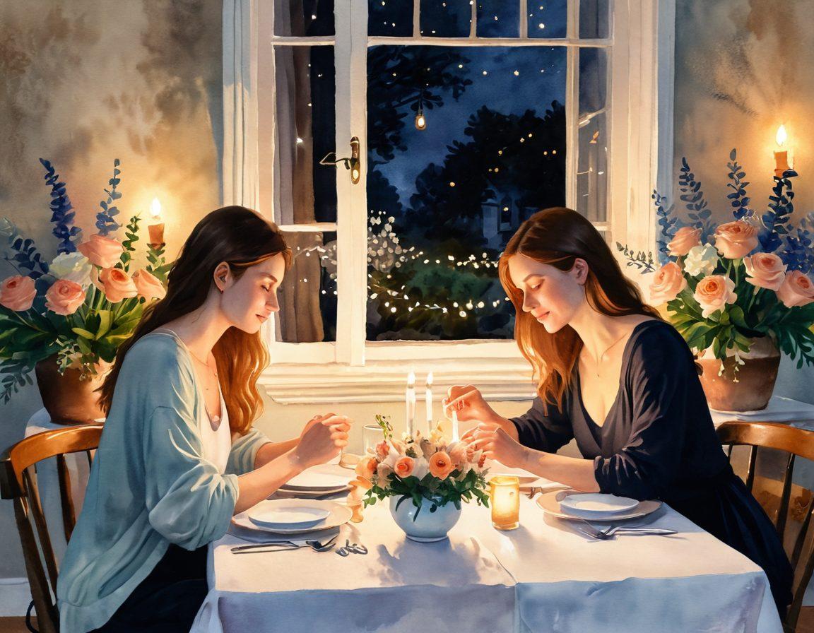 A warm, inviting scene of two souls connecting over a candlelit dinner, surrounded by soft floral arrangements and delicate fairy lights. Their eyes express deep understanding and affection, while a cozy, intimate atmosphere envelops them. In the background, there are hints of nature peeking through a window, symbolizing growth and connection. watercolor painting. warm color palette. soft focus.